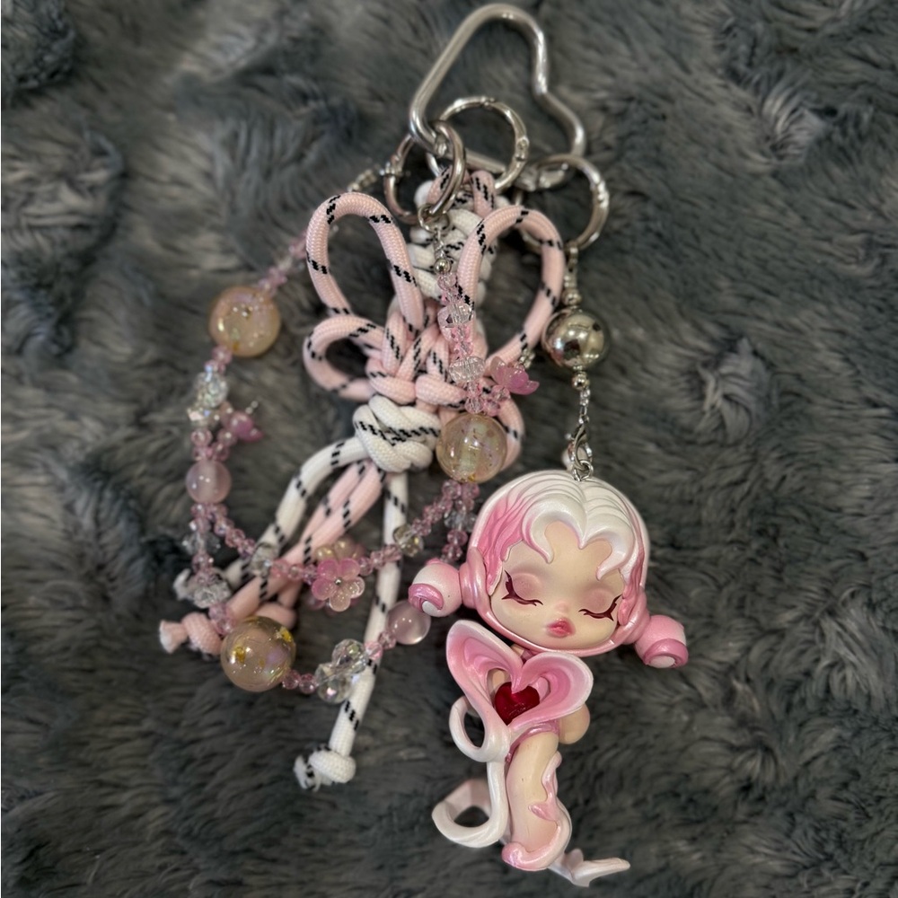 Cute Pink Keychain with Skullpanda charm
